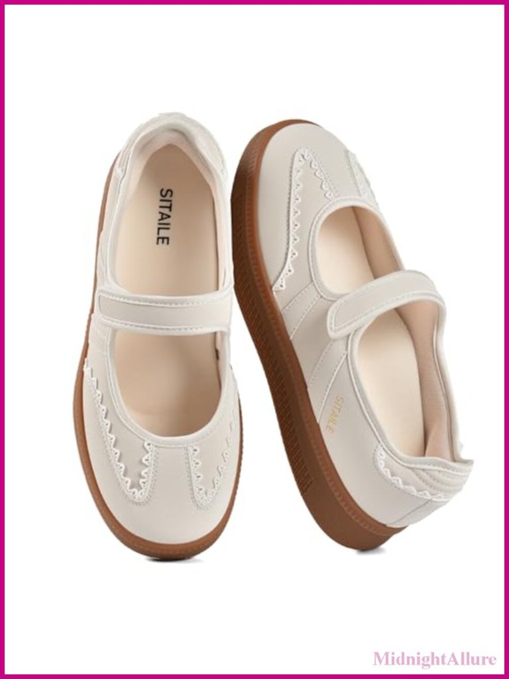 Women's Retro Mary Jane Sneakers PU Leather Scalloped Lace Flats